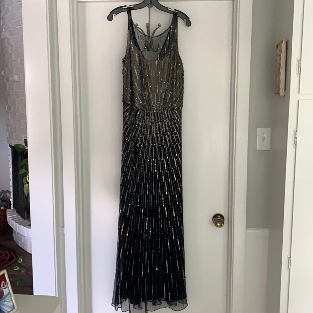 Evening gown- black with pewter sequins.